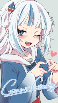 1girl akita_kang animal_costume blue_eyes blue_hair blue_hoodie blue_nails blush four-finger_heart_hands gawr_gura gawr_gura_(1st_costume) hair_ornament heart heart_hands highres hololive hololive_english hood hoodie looking_at_viewer medium_hair nail_polish shark_costume shark_hair_ornament sharp_teeth sidelocks smile solo teeth two_side_up virtual_youtuber white_hair
