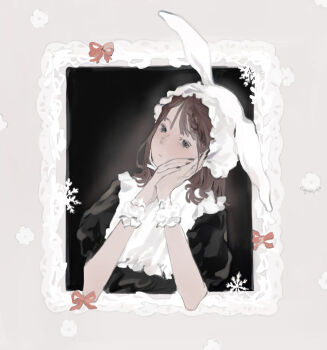 1girl black_dress brown_hair commentary dress english_commentary hands_up hat highres looking_at_viewer original outside_border own_hands_together short_sleeves solo sugarlisu white_hat