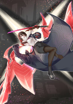 1girl absurdres ahoge black_coat black_shorts boots breasts brown_hair brown_pantyhose capcom card_in_mouth cinders coat crossover demon_wings devil_bringer devil_may_cry_(series) devil_trigger dress_shirt enma-chan falling full_body gauntlets glowing highres holding holding_sword holding_weapon hololive hololive_english id_card katana looking_to_the_side medium_breasts mouth_hold multicolored_hair oni_gauntlet onimusha pantyhose photo_background red_eyes red_hair red_sword reference_request removing_coat shirt shorts sleeves_rolled_up solo star_(symbol) star_symbol_background sword two-tone_hair uhen virtual_youtuber weapon white_shirt wings