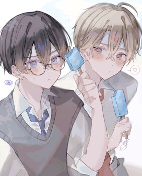 2boys :< aoru_uu black-framed_eyewear black_hair blue_eyes brown_hair closed_mouth collared_shirt commentary_request food glasses grey_sweater_vest hair_between_eyes heart highres holding holding_food holding_popsicle looking_at_viewer looking_to_the_side male_focus multiple_boys necktie original pink_eyes popsicle red_necktie shirt short_sleeves spoken_heart squiggle sweater_vest upper_body white_background white_shirt
