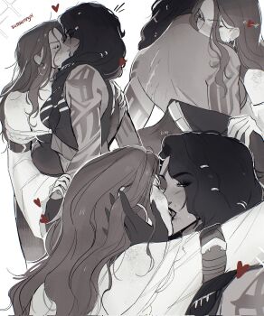 Rule 34 | 2girls, arm tattoo, black hair, blush, breasts, closed eyes, commentary, dark-skinned female, dark skin, earrings, eyepatch, freckles, french kiss, hair ornament, hand on another's face, highres, hoop earrings, hug, jewelry, kiss, kissing neck, large breasts, league of legends, licking, licking another's neck, lipstick, long hair, looking at another, makeup, miss fortune (league of legends), mole, mole above mouth, multi-tied hair, multiple girls, open mouth, pirate costume, red hair, red lips, saliva, samira, scar, shirt, smile, sunsunny31, tattoo, untranslatable commentary, yuri