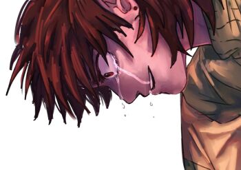 1other alien_stage brown_hair commentary deltarune earrings english_commentary green_sweater highres jewelry kris_(deltarune) other_focus red_eyes smile spiked_hair sushieartz sweater tears utdr_(toby_fox)