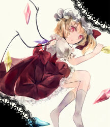 Rule 34 | 1girl, blonde hair, bow, crystal wings, dress, flandre scarlet, frilled dress, frills, full body, hat, highres, looking at viewer, medium hair, mob cap, open mouth, poteimo (poteimo622), puffy short sleeves, puffy sleeves, red bow, red dress, red eyes, short sleeves, simple background, socks, solo, touhou, white background