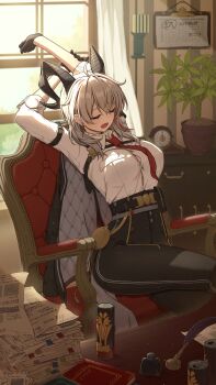 1girl absurdres arm_up black_gloves black_horns black_pants book bowsan breasts button_gap calendar_(object) can chair clock closed_eyes commentary_request gloves grey_hair highres horns indoors large_breasts long_sleeves medium_hair necktie on_chair open_mouth pants red_necktie shirt sitting solo stretching white_shirt window wuthering_waves zani_(wuthering_waves)