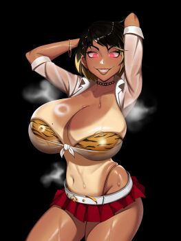 1girl absurdres animal_print arms_behind_head belt black_background black_hair blonde_hair bracelet breasts bursting_breasts choker collared_shirt earrings g-string gold_bracelet grin gyaru highres huge_breasts jewelry kevbot looking_at_viewer microskirt mole mole_on_breast multicolored_hair naomi_(acidveronica) navel original panty_straps pink_eyes red_skirt revealing_clothes see-through_clothes see-through_shirt shiny_skin shirt short_hair simple_background skirt sleeves_rolled_up smile solo steam sweat tan tanline teeth thong tied_shirt tiger_print two-tone_hair white_belt white_shirt