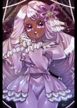 1girl bow center_frills colored_eyelashes cowboy_shot dark-skinned_female dark_skin dress fascinator frilled_dress frills gem glove_bow gloves hands_up highres jacinthe_(pokemon) juliet_sleeves lace long_eyelashes long_hair long_sleeves looking_at_viewer low_drills mega_stone nintendo open_mouth own_hands_clasped own_hands_together pearl_(gemstone) pokemon pokemon_legends:_z-a puffy_sleeves purple_eyes purple_hair rukiko_katushika smile sparkle teeth very_dark_skin white_gloves yellow_bow