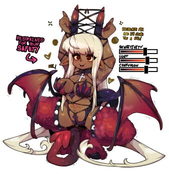 1girl @_@ absurdres arms_up arrow_(symbol) attribute_slider bdsm bondage bound breasts character_request cleavage closed_mouth commentary commission copyright_request cross dark-skinned_female dark_skin demon_girl demon_tail demon_wings detached_collar english_commentary english_text face_piercing full_body heart highres horns large_breasts latin_cross lips long_hair navel_piercing nose_piercing piercing pointy_ears red_eyes red_thighhighs simple_background slugbox solo spiked_thigh_strap squatting sweat tail thighhighs white_background white_hair wings