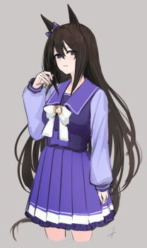 1girl animal_ears bow brown_hair chart cropped_legs deep_impact_(umamusume) ear_bow hair_bow hand_up hayabusa_(vert_320) highres horse_ears horse_tail long_hair looking_at_viewer parted_lips pleated_skirt purple_bow purple_eyes purple_sailor_collar purple_shirt purple_skirt sailor_collar school_uniform serafuku shirt skirt solo standing tail umamusume very_long_hair