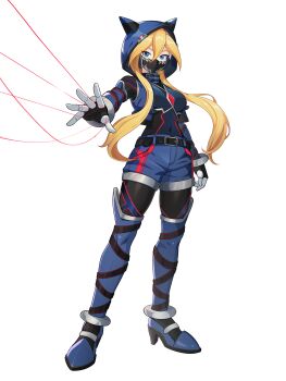 1girl absurdres adapted_costume alternate_costume alternate_hairstyle armored_boots armored_gloves belt biometal blonde_hair blue_eyes body_armor bodystocking boots breasts cat_headgear chest_jewel ciel_(mega_man) commission commissioner_upload covered_navel cropped_jacket effole_(fairy_fencer_f) elbow_gloves eyelashes full_body gloves hair_bun high_heel_boots high_heels highres hood hood_up knee_boots long_bangs long_hair long_sidelocks looking_at_viewer mask mega_man_(series) mega_man_zero_(series) mega_man_zx mouth_mask multiple_belts non-web_source petite sidelocks small_breasts solo thighs transparent_background uta_guipiy wire
