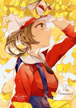 1girl blue_overalls bow brown_eyes brown_hair closed_mouth from_side hat hat_bow highres leaf long_hair lyra_(pokemon) newsboy_cap nintendo overalls pokemon pokemon_hgss red_shirt ribbon shirt smile to_camellia twintails upper_body white_hat