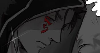 1boy close-up closed_mouth cu_chulainn_(fate) cu_chulainn_alter_(fate) empty_eyes facial_mark fate/grand_order fate_(series) greyscale highres hood hood_up jooojooo_oo looking_to_the_side male_focus monochrome profile red_eyes sideways_glance solo sparkle spot_color white_background