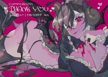 1girl black_dress black_shoes black_thighhighs blush breasts cleavage commentary_request curled_horns demon_girl demon_horns dress fingernails foot_out_of_frame frilled_dress frills grey_horns heart highres horns indie_virtual_youtuber large_breasts long_hair looking_at_viewer lying neck_ribbon on_stomach open_mouth red_background red_eyes red_nails red_ribbon ribbon shinjitsu_no_kuchi shoes sideless_dress smile solo the_pose thighhighs very_long_hair virtual_youtuber wispluna_(vtuber)