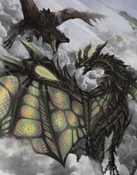 absurdres aircraft airship astalos battle chin_spike cloud dragon dutch_angle electricity electrokinesis flying green_lightning highres monster monster_focus monster_hunter_(series) no_humans nutuki open_mouth rathalos sharp_teeth sky spiked_tail spiked_wings spikes tail talons teeth wyvern