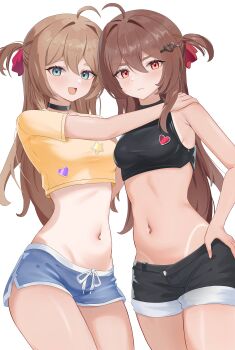2girls absurdres ahoge bare_arms bare_shoulders bikini_tan black_choker black_shorts blue_eyes blush breasts broken_heart broken_heart_hair_ornament brown_hair buttons choker closed_mouth commentary commission cowboy_shot crop_top cropped_shirt english_commentary evil_neuro-sama hair_between_eyes hair_ornament hair_ribbon hand_on_another&#039;s_shoulder hand_on_own_hip heart heart_button heart_hair_ornament highres long_hair looking_at_viewer multiple_girls navel neuro-sama open_mouth red_eyes red_ribbon ribbon second-party_source serafhin short_shorts shorts siblings sideboob simple_background sisters sleeveless smile standing star_(symbol) star_button stomach tan tanline twins two_side_up vedal_ai virtual_youtuber white_background