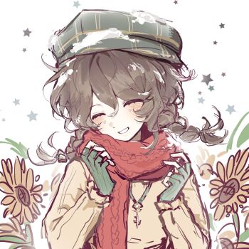 1girl 4458692203 braid brown_hair chinese_commentary closed_eyes commentary_request emma_woods emma_woods_(winter_memories) facing_viewer fingerless_gloves flower freckles gloves green_gloves green_hat hair_between_eyes hands_up happy hat highres identity_v jewelry long_hair long_sleeves necklace simple_background smile snow snow_on_head solo star_(symbol) sunflower sweater teeth twin_braids upper_body white_background yellow_sweater