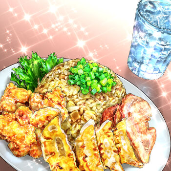 absurdres chicken_(food) commentary_request drinking_straw dumpling food food_focus fried_rice highres ice ice_cube jiaozi kurumiri_ryo no_humans original plate sparkle water