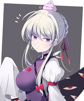 1girl :3 ahoge alternate_hair_color alternate_hairstyle arm_strap blob blush bow braid braided_bun breasts closed_eyes closed_mouth colored_eyelashes dress earrings from_side gap_(touhou) gold_earrings gradient_eyes gradient_ribbon grey_background hair_bow hair_bun hair_ribbon hair_up jewelry large_breasts light_frown long_sleeves looking_at_viewer looking_to_the_side multicolored_background multicolored_eyes pink_ribbon puffy_long_sleeves puffy_sleeves purple_eyes purple_ribbon raised_eyebrows red_bow red_eyes red_ribbon ribbon saigyouji_yuyuko sidelocks silver_hair simple_background single_earring single_hair_bun sleeves_past_wrists solo sparkle sseopik tabard touhou triangular_headpiece upper_body white_background white_dress wide_sleeves yakumo_yukari