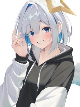 1girl absurdres alternate_costume amane_kanata angel angel_wings arm_up black_hoodie blue_eyes blue_hair blush colored_inner_hair dated_commentary drawstring eyes_visible_through_hair gonza3_v hair_intakes hair_over_one_eye halo highres hololive hood hood_down hoodie looking_at_viewer multicolored_hair short_hair sidelocks solo star_halo streaked_hair upper_body virtual_youtuber white_hair white_sleeves white_wings wings