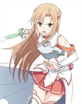 Rule 34 | 10s, 1girl, armor, asuna (sao), breastplate, brown eyes, brown hair, detached sleeves, female focus, hyakuen raitaa, long hair, open mouth, pleated skirt, rapier, skirt, solo, sword, sword art online, thighhighs, weapon, white thighhighs