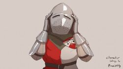 1girl animated arm_guards armor balance_scale_print bassinet belt blush breastplate brown_eyes brown_hair crest female_knight gambeson gauntlets unworn_headwear helmet knight lady_lucerne_(ironlily) long_hair looping_animation martin_(tuxedopato) medieval messy_hair one_eye_closed ordo_mediare_sisters_(ironlily) pauldrons plate_armor shoulder_armor simple_background solo surcoat upper_body video
