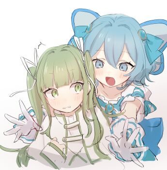 Rule 34 | 2girls, :d, absurdres, blue eyes, blue hair, blunt bangs, commentary request, glomp, gloves, green eyes, green hair, hair between eyes, hair ribbon, highres, hiwokawa, hug, long hair, long sleeves, looking at another, multiple girls, open mouth, original, ribbon, sidelocks, simple background, smile, surprised, twintails, white background, white gloves, white ribbon