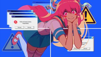 ! 1girl absurdres artist_name blue_background blue_skirt blush_stickers bow bowtie commentary english_commentary english_text error_message fourth_wall giffany glowing glowing_eyes gravity_falls hair_ribbon highres leaning_forward long_hair looking_at_viewer mary_janes microsoft_windows morse_code pink_eyes pink_hair red_bow red_shoes ribbon ribbon_cable sevenreii shirt shoes short_sleeves sidelocks sign skirt smile solo thighhighs warning_sign white_shirt white_thighhighs