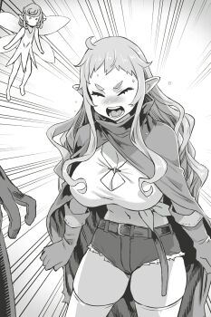 1boy 2girls asanagi bash_(orc_eiyuu_monogatari) blush breasts cape cleavage closed_eyes dwarf emphasis_lines fairy fairy_wings female_dwarf gloves greyscale highres long_hair monochrome multiple_girls navel non-web_source novel_illustration official_art open_mouth orc_eiyuu_monogatari pointy_ears primera_(orc_eiyuu_monogatari) shirt short_shorts shorts shouting thighhighs tied_shirt wings zell_(orc_eiyuu_monogatari)