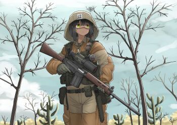 1girl absurdres ammunition_pouch battle_rifle belt black_hair blue_sky bulletproof_vest cactus fn_fal frown gloves green_eyes gun hair_ribbon hat highres hood jewelry knife looking_to_the_side military_uniform necklace original pouch ribbon rifle short_hair sky solo srtdrawart tree trigger_discipline weapon