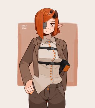 1girl absurdres breasts bright_pupils brown_jacket brown_pantyhose ceera_(kart_prowler) closed_mouth collared_shirt cowboy_shot dated eyepatch fingernails hand_on_own_hip highres horns jacket kart_prowler long_sleeves nail_polish open_clothes open_jacket orange_eyes orange_hair orange_nails original pantyhose pointy_ears shirt short_hair signature solo weapon white_pupils white_shirt