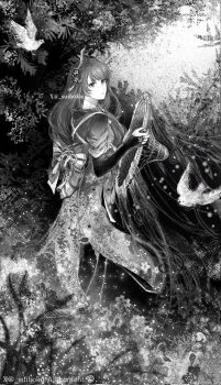 1girl ajirogasa artist_name back_bow beak bird bird_wings bow bridal_gauntlets closed_mouth fan_hair_ornament feathered_wings floral_print flower from_side genshin_impact grass greyscale hair_flower hair_ornament hands_up hat headpiece highres holding holding_unworn_clothes holding_unworn_hat japanese_clothes jewelry kimono large_bow long_hair long_sleeves looking_at_viewer mojihuaran mole mole_under_eye monochrome outdoors raiden_shogun ring smile solo standing tassel tassel_hair_ornament unworn_hat unworn_headwear wavy_hair wide_sleeves wings