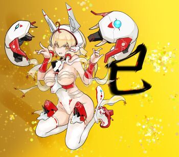 1girl absurdres ahoge alternate_skin_color bare_shoulders blonde_hair breasts cerauniae cosmic_break drone full_body hair_between_eyes headgear high_heels highres kneeling large_breasts leotard looking_at_viewer mecha neflinka open_mouth red_nails robot short_hair smile teeth thighhighs upper_teeth_only yellow_eyes
