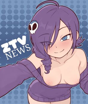 1girl blue_eyes breasts casytay closed_mouth commentary drill_hair drill_sidelocks english_commentary eyes_visible_through_hair hair_ornament hair_over_one_eye highres leaning_forward looking_at_viewer medium_breasts medium_hair nipples original purple_hair purple_sweater sidelocks single_sidelock skull_hair_ornament smile solo sweater zone-tan