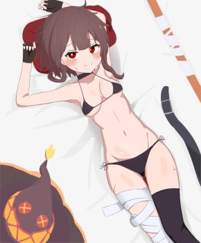 1girl arm_above_head arms_up asymmetrical_legwear bandaged_leg bandages bare_shoulders bed belt bikini black_belt black_bikini black_choker black_gloves black_thighhighs blush breasts brown_hair choker closed_mouth collarbone dot_nose embarrassed feet_out_of_frame female_focus fingerless_gloves furrowed_brow gloves hat hatenamaru head_on_pillow kono_subarashii_sekai_ni_shukufuku_wo! large_hat loli looking_at_viewer lying megumin navel on_back on_bed panties petite pillow red_eyes short_hair_with_long_locks sidelocks single_thighhigh small_breasts smile solo split_mouth string_panties sweat sweatdrop swimsuit thighhighs thighs unworn_hat unworn_headwear witch_hat