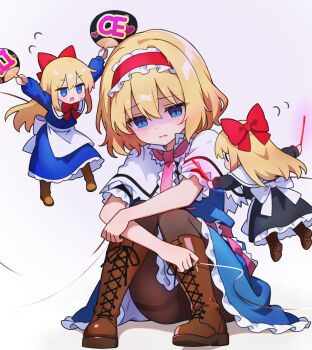 1girl alice_margatroid blonde_hair blue_dress blue_eyes blush boots bow bowtie brown_boots brown_pantyhose capelet chikuzen1996 commentary_request doll dress flying_sweatdrops frilled_hairband frilled_sash frills glowstick hairband hand_fan highres holding holding_fan holding_glowstick hourai_doll lace-up_boots lolita_hairband long_hair open_mouth pantyhose pink_sash puppet_strings red_bow red_bowtie red_hairband sash shaded_face shanghai_doll solo touhou white_capelet