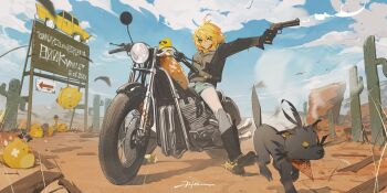 1girl ahoge animal arm_at_side arrow_(symbol) bandages belt belt_buckle bird black_belt black_footwear black_fur black_jacket blonde_hair blue_sky boots buckle car cloud collared_jacket commentary_request cowboy cowboy_hat cowboy_western day desert doki_amber_doge_(dokibird) dokibird dokibird_(bounty_hunter) dragoon_(dokibird) english_text fang full_body gloves green_eyes green_shirt gun hair_ornament hand_up handgun hanging hanging_from_rope hat holding holding_gun holding_weapon indie_virtual_youtuber jacket kamameshi_gougoumaru looking_at_viewer milestone_celebration motor_vehicle motorcycle mouth_hold neckerchief on_motorcycle outdoors pants plank red_neckerchief revolver rope shirt sign signature simple_bird skin_fang sky smile smoke smoking_barrel split_mouth spurs stalk_in_mouth sunglasses undershirt virtual_youtuber weapon western white_pants x_hair_ornament