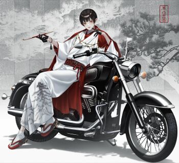 Rule 34 | 1boy, absurdres, axis powers hetalia, bead bracelet, beads, black gloves, black hair, black slippers, bracelet, branch, cape, chain, checkered background, commentary, floral print, full body, gloves, gold chain, grey background, hands up, highres, holding, holding smoking pipe, japan (hetalia), japanese clothes, jewelry, kimono, leather, leather gloves, lips, long sleeves, looking at viewer, male focus, motor vehicle, motorcycle, npyon, on motorcycle, open mouth, red cape, red sash, sash, shadow, short hair, sitting, slippers, smile, smoking pipe, solo, symbol-only commentary, tassel, tree, white kimono, wide sleeves, yellow eyes