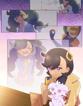 1girl blue_cardigan blush brown_jacket cardigan closed_eyes closed_mouth collared_shirt commentary_request dark-skinned_female dark_skin emma_(pokemon) espurr essentia_(pokemon) gen_6_pokemon gloves highres holding holding_poke_ball jacket long_hair long_sleeves nintendo open_mouth poke_ball poke_ball_(basic) pokemon pokemon_(creature) pokemon_legends:_z-a pokemon_xy purple_eyes ric_(aceradio) shirt short_hair smile swept_bangs table white_shirt