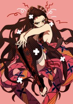 Rule 34 | 1girl, black hair, black nails, black thighhighs, crying, crying with eyes open, daki (kimetsu no yaiba), demon girl, formal clothes, goshiko86g, hair ornament, hairpin, kimetsu no yaiba, long hair, sitting, solo, suit, tears, thighhighs, very long hair