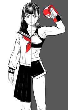 1girl abs bandaid bandaid_on_cheek bandaid_on_face boxing_gloves breasts commentary_request flexing gloves greyscale highres lee_(dragon_garou) long_hair long_sleeves low_twintails medium_skirt monochrome neckerchief original pleated_skirt red_gloves red_neckerchief school_uniform serafuku short_shorts shorts skirt small_breasts smile split_screen sports_bra spot_color toned toned_female twintails