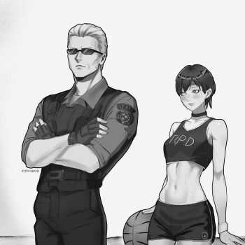 1boy 1girl absurdres albert_wesker bad_id bad_twitter_id ball basketball_(object) blush breasts bulletproof_vest choker closed_mouth collared_shirt crop_top crossed_arms greyscale headband highres lips looking_at_another midriff monochrome navel pants rebecca_chambers resident_evil resident_evil_1 shirt short_hair shorts simple_background standing sunglasses tank_top twitter_username white_background yh114019