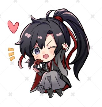 1boy ;d ahoge alcohol aslle black_boots black_hair black_hanfu blush boots chibi chibi_only chinese_clothes commentary_request full_body hair_ribbon hand_up hanfu heart holding_jug jug_(bottle) liquor long_hair long_sleeves looking_at_viewer male_focus modao_zushi notice_lines one_eye_closed open_mouth ponytail purple_eyes red_ribbon ribbon robe sidelocks simple_background smile solo watermark watermark_grid wei_wuxian white_background wide_sleeves