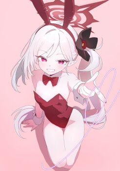 1girl aiming animal_ears bare_shoulders blue_archive breasts detached_collar fingernails flower from_above gradient_background grin hair_flower hair_ornament highres loli long_hair looking_at_viewer monaka3200 mutsuki_(blue_archive) playboy_bunny pointy_ears rabbit_ears red_eyes shadow side_ponytail simple_background small_breasts smile solo thighs white_hair wrist_cuffs
