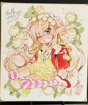 1girl backpack bag blonde_hair brown_eyes commentary_request dress flat_chest flower full_body highres kodomo_no_jikan kokonoe_rin long_hair looking_at_viewer one_eye_closed open_mouth photo_(medium) randoseru shikishi shoes sitting smile solo striped_clothes striped_thighhighs thighhighs traditional_media twintails uwabaki wariza watashiya_kaworu