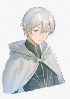 1boy cape closed_mouth commentary_request cropped_torso fujie_xy grey_eyes hair_behind_ear hair_between_eyes highres hood hood_down hooded_cape looking_to_the_side male_focus octopath_traveler octopath_traveler_ii sideways_glance simple_background solo temenos_mistral white_background white_cape white_hair