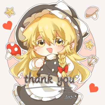 1girl apron artist_name black_skirt black_vest blonde_hair blush bow braid chibi chibi_only chinese_commentary commentary_request fang hair_bow hat hat_bow heart highres kirisame_marisa long_hair long_sleeves looking_at_viewer mushroom nagi_(pixiv_108409221) open_mouth red_bow side_braid single_braid skirt smile solo star_(symbol) thank_you touhou very_long_hair vest waist_apron white_apron white_bow witch_hat yellow_eyes