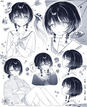 Rule 34 | 051 ogoli, 1girl, absurdres, alternate hairstyle, blush, braid, food, highres, looking at viewer, monochrome, multiple views, original, school uniform, short hair, twin braids