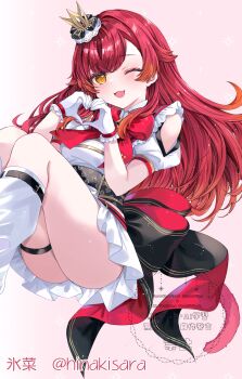 1girl artist_name cat_girl cat_tail clothing_cutout commentary_request crown dress fang gloves hands_up heart heart_hands highres hinakisara leg_warmers long_hair looking_at_viewer mini_crown nekota_tsuna open_mouth orange_eyes pink_background red_hair short_sleeves shoulder_cutout simple_background solo tail thigh_strap twitter_username virtual_youtuber vspo! white_gloves white_leg_warmers
