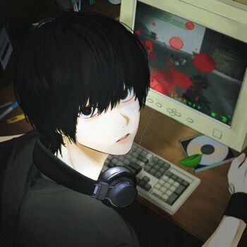 1boy black_hair black_shirt cd_case computer_keyboard gin_(euneunun) headphones headphones_around_neck highres looking_at_viewer male_focus mole mole_on_cheek monitor original parted_lips playing_games playing_video_games red_pupils shirt short_hair solo teeth