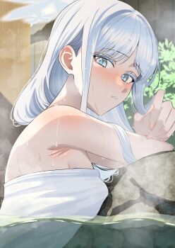 1girl blue_archive blush breasts grey_eyes grey_hair halo highres ito_(ito577) long_hair looking_at_viewer medium_breasts nagusa_(blue_archive) naked_towel onsen solo towel upper_body