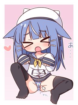 >_< 1girl :o animal_ear_fluff animal_ears animal_hat animal_print beret black_thighhighs blue_hair blush borrowed_character cat_print chibi closed_eyes collarbone commentary_request cursor facing_viewer fake_animal_ears full_body gradient_background hair_ornament hairclip hana_kazari hat highres hood hood_down hooded_jacket jacket long_hair long_sleeves multicolored_hair nia_(ayanepuna) no_pants no_shoes off_shoulder open_mouth original panties pink_background print_panties sexualized_chibi sleeves_past_wrists spread_pussy spread_pussy_under_clothes streaked_hair thighhighs underwear very_long_hair white_hair white_hat white_jacket white_panties